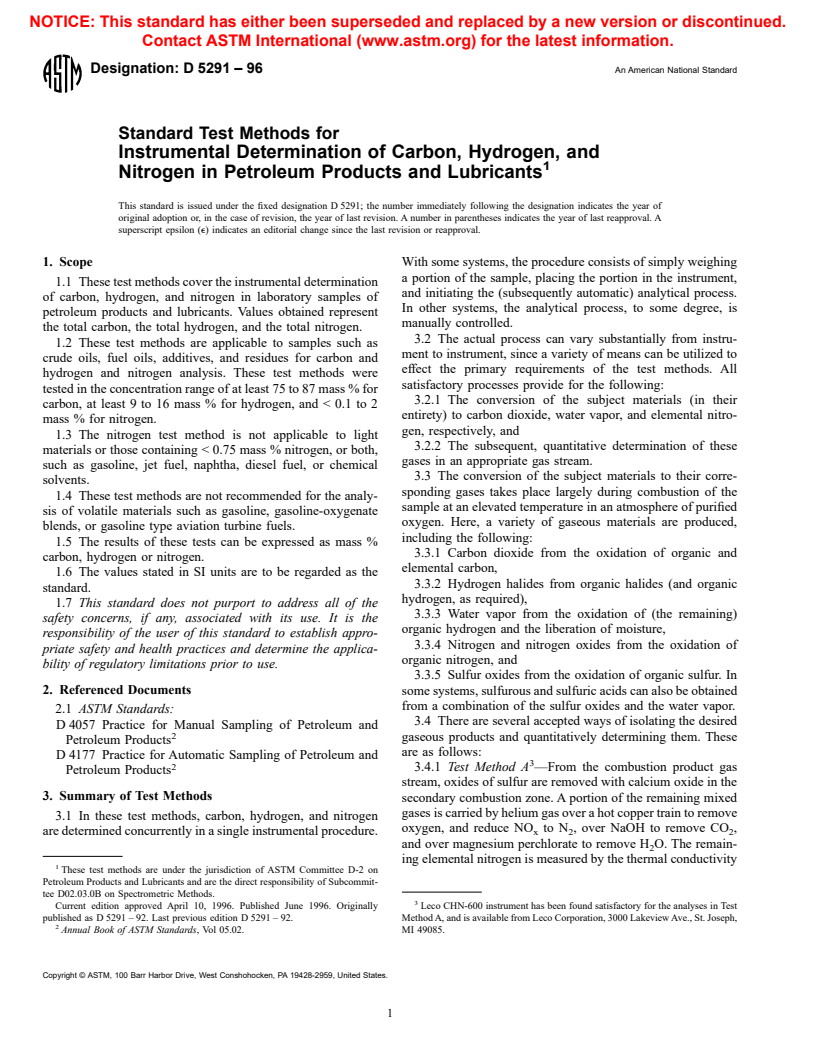 ASTM D5291-96 - Standard Test Methods for Instrumental Determination of Carbon, Hydrogen, and Nitrogen in Petroleum Products and Lubricants