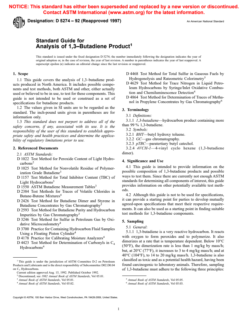 ASTM D5274-92(1997) - Standard Guide for Analysis of 1,3-Butadiene Product