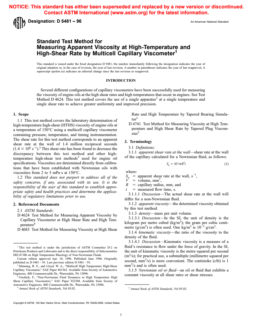 ASTM D5481-96 - Standard Test Method for Measuring Apparent Viscosity at High-Temperature and High-Shear Rate by Multicell Capillary Viscometer