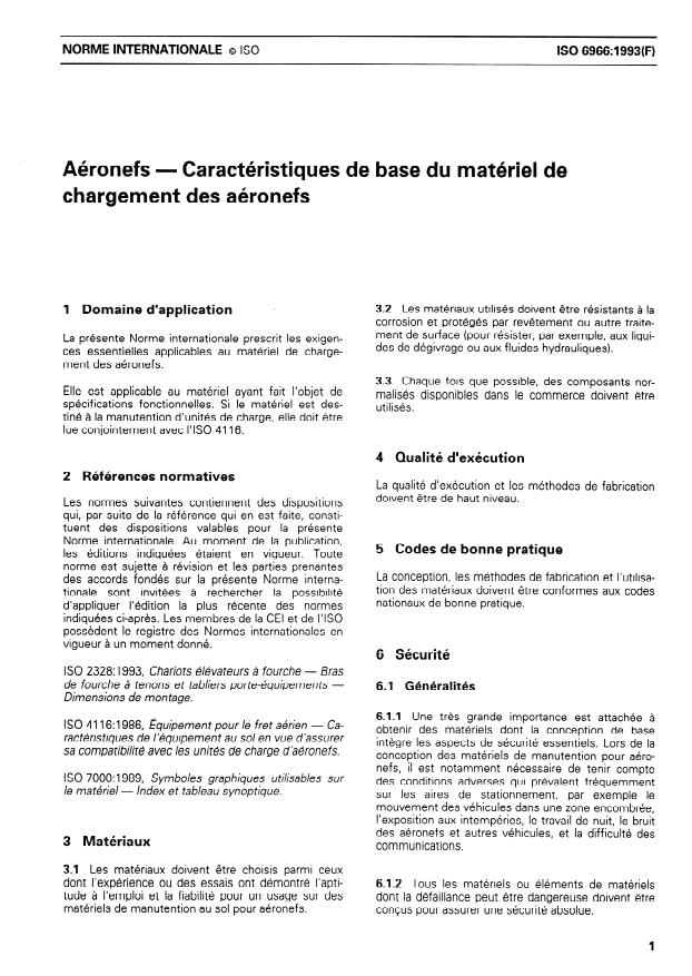 ISO 6966:1993 - Aéronefs -- Caractéristiques de base du matériel de chargement des aéronefs