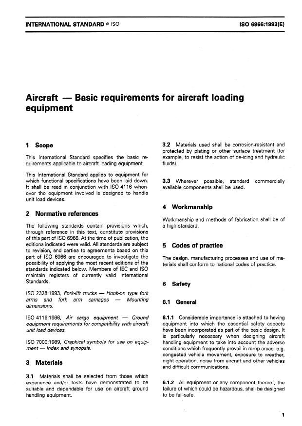 ISO 6966:1993 - Aircraft -- Basic requirements for aircraft loading equipment