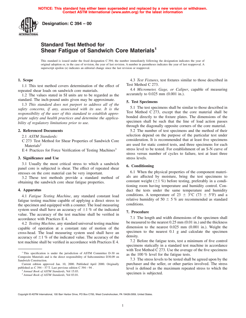 ASTM C394-00 - Standard Test Method for Shear Fatigue of Sandwich Core Materials