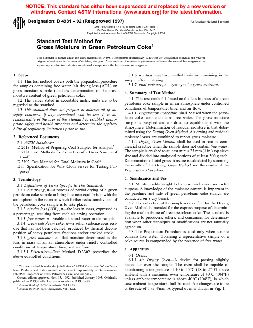 ASTM D4931-92(1997) - Standard Test Method for Gross Moisture in Green Petroleum Coke