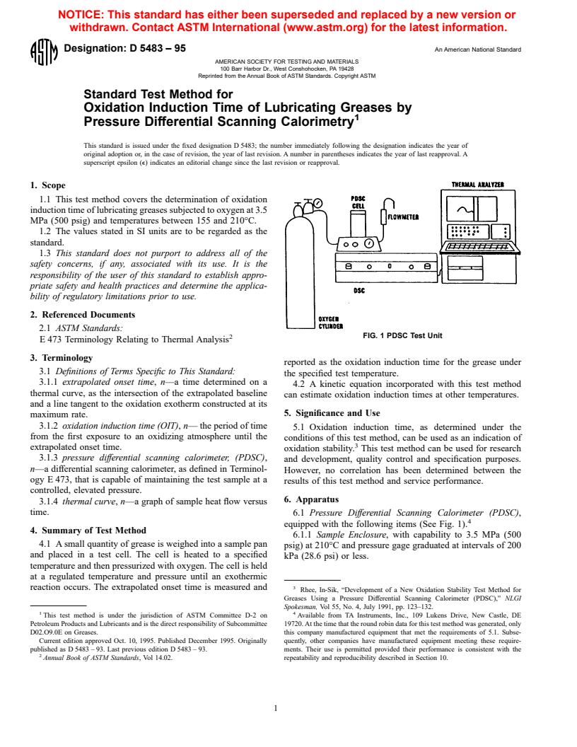 ASTM D5483-95 - Standard Test Method for Oxidation Induction Time of Lubricating Greases by Pressure Differential Scanning Calorimetry