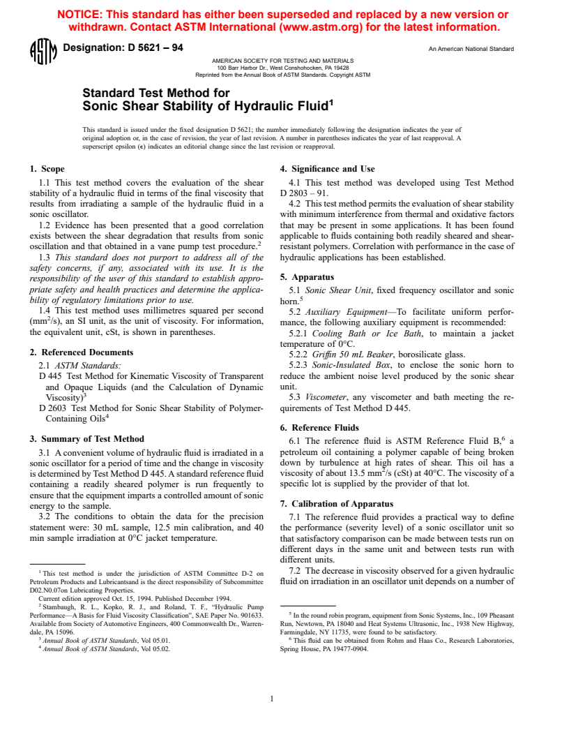 ASTM D5621-94 - Standard Test Method for Sonic Shear Stability of Hydraulic Fluid