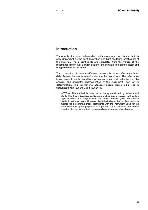 ISO 9416:1998 - Paper -- Determination of light scattering and absorption coefficients (using Kubelka-Munk theory)