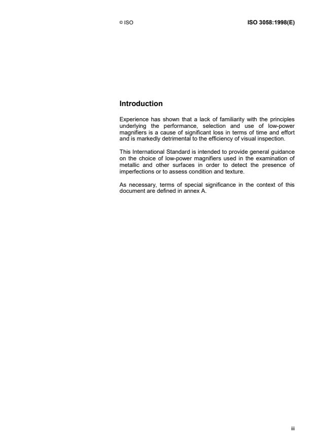 ISO 3058:1998 - Non-destructive testing -- Aids to visual inspection -- Selection of low-power magnifiers
