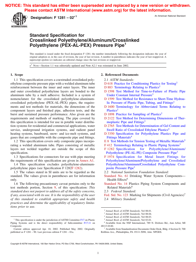 ASTM F1281-02e1 - Standard Specification for Crosslinked Polyethylene/Aluminum/Crosslinked Polyethylene (PEX-AL-PEX) Pressure Pipe