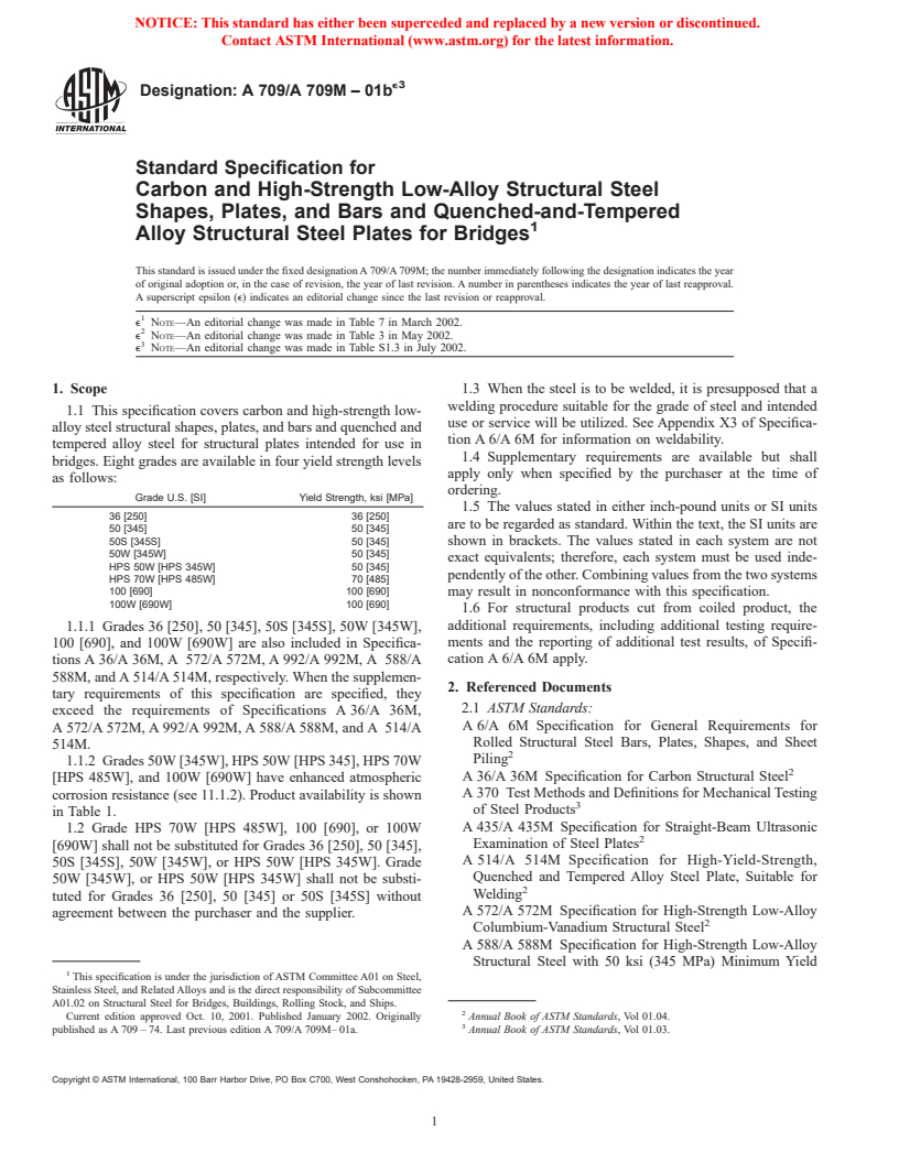 ASTM A709/A709M-01be3 - Standard Specification for Carbon and High-Strength Low-Alloy Structural Steel Shapes, Plates, and Bars and Quenched-and-Tempered Alloy Structural Steel Plates for Bridges