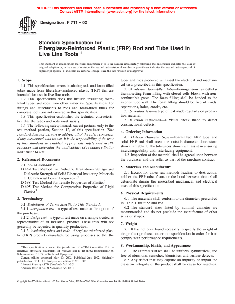 ASTM F711-02 - Standard Specification for Fiberglass-Reinforced Plastic (FRP) Rod and Tube Used in Live Line Tools