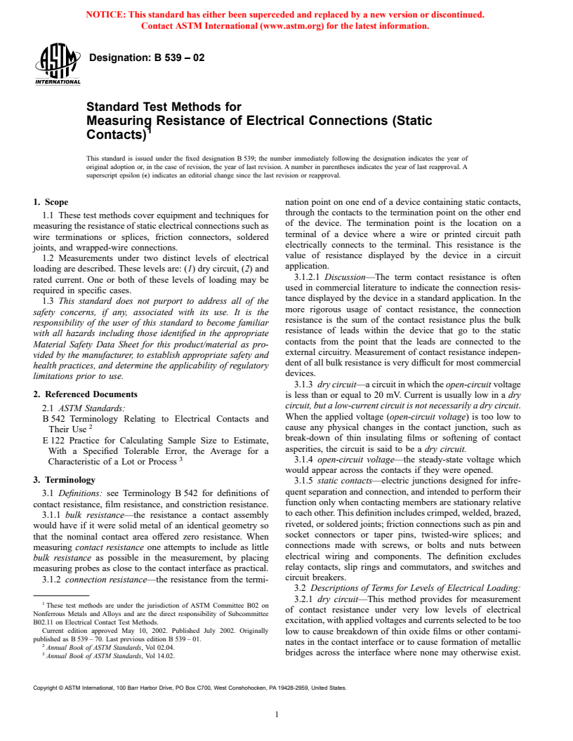 ASTM B539-02 - Standard Test Methods for Measuring Resistance of Electrical Connections (Static Contacts)