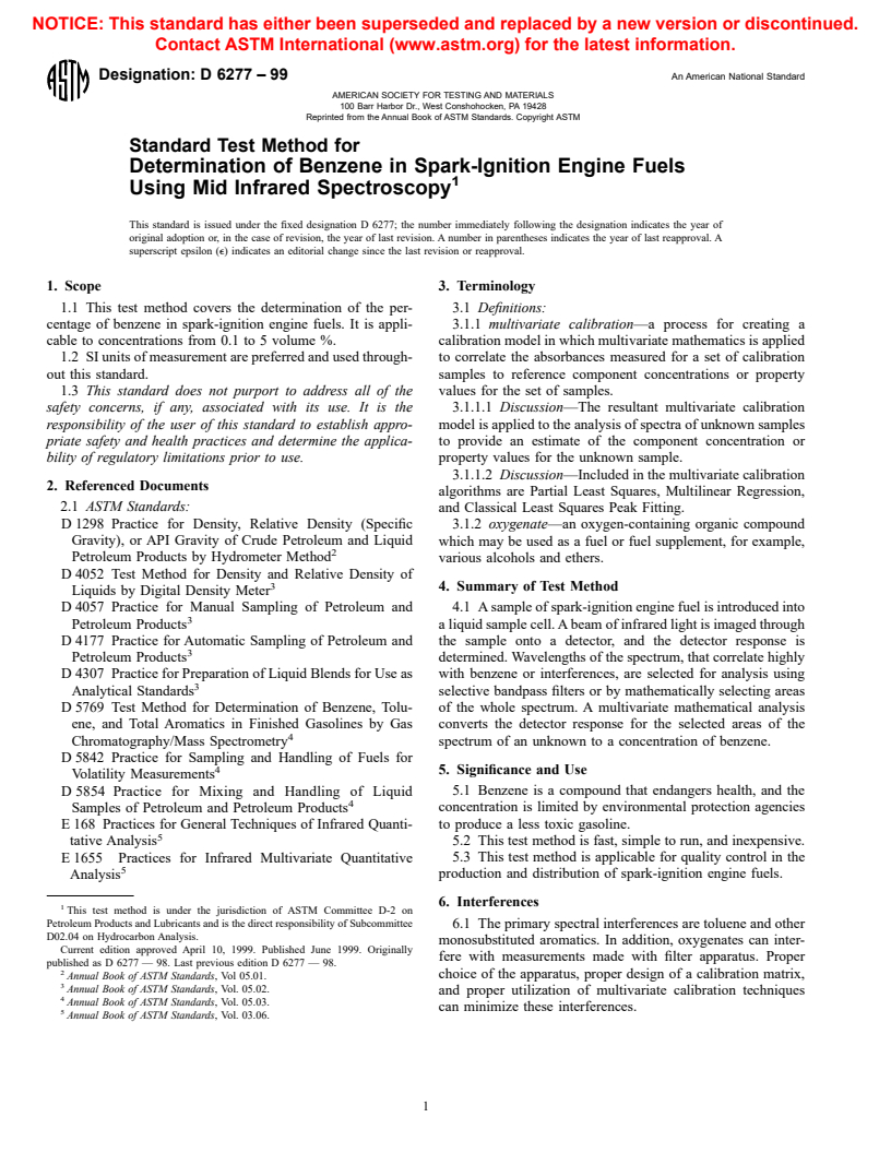 ASTM D6277-99 - Standard Test Method for Determination of Benzene in Spark-Ignition Engine Fuels Using Mid Infrared Spectroscopy