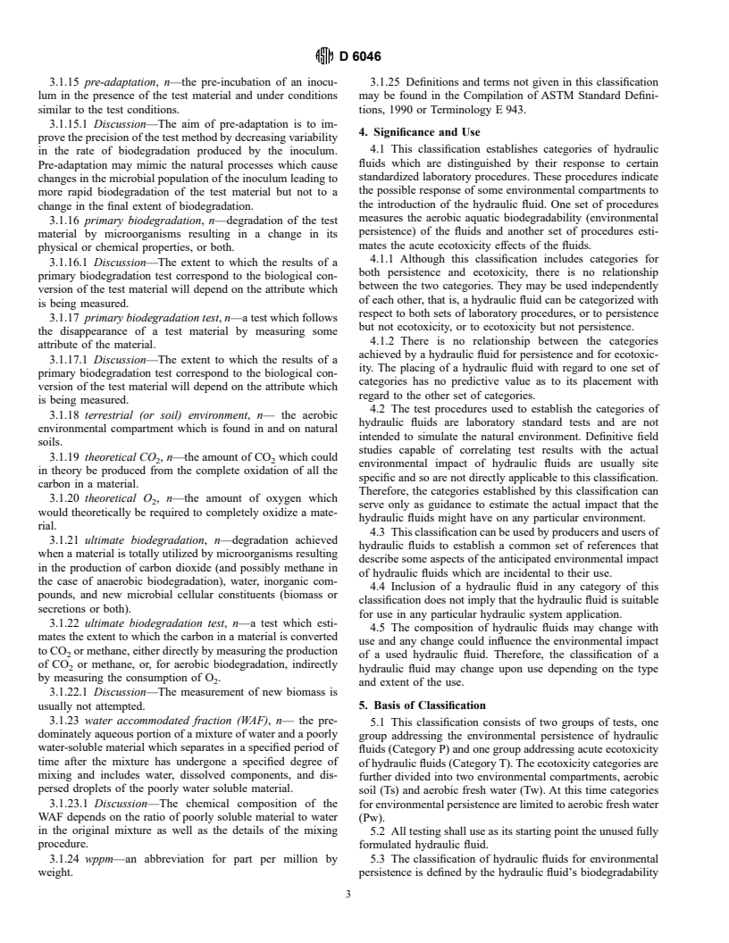 ASTM D6046-98a - Standard Classification of Hydraulic Fluids for Environmental Impact