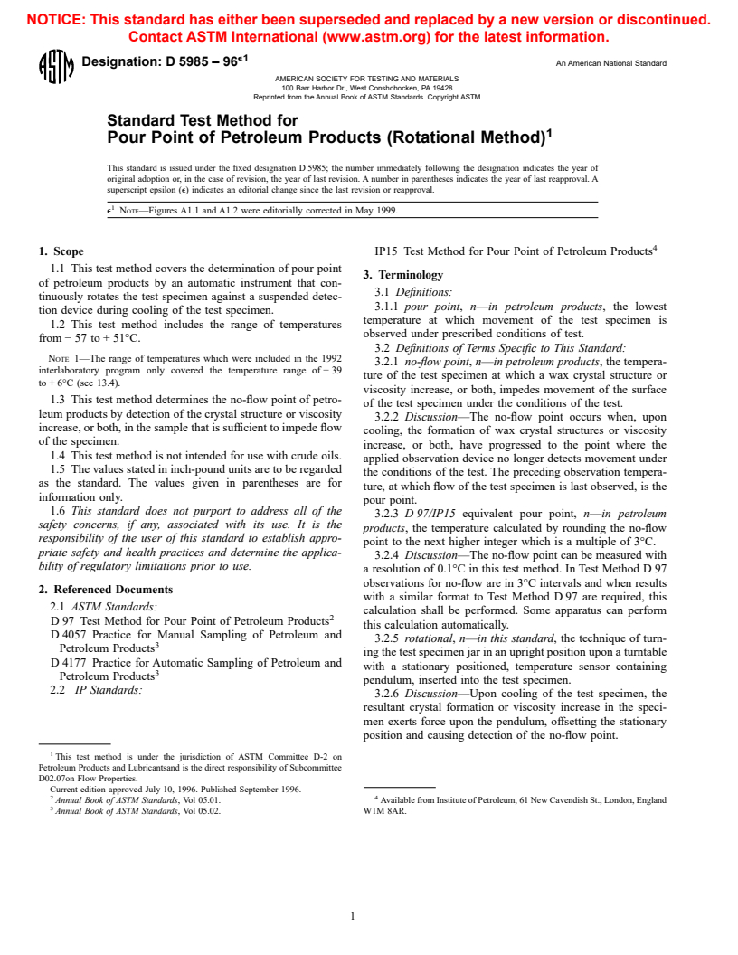 ASTM D5985-96e1 - Standard Test Method for Pour Point of Petroleum Products (Rotational Method)