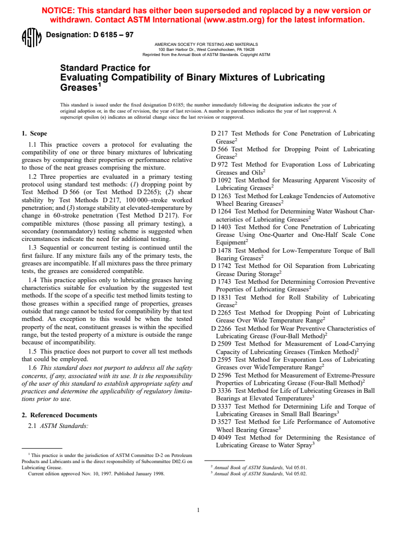 ASTM D6185-97 - Standard Practice for Evaluating Compatibility of Binary Mixtures of Lubricating Greases