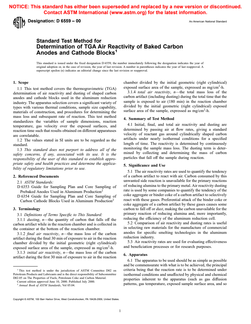 ASTM D6559-00 - Standard Test Method for Determination of TGA Air Reactivity of Baked Carbon Anodes and Cathode Blocks