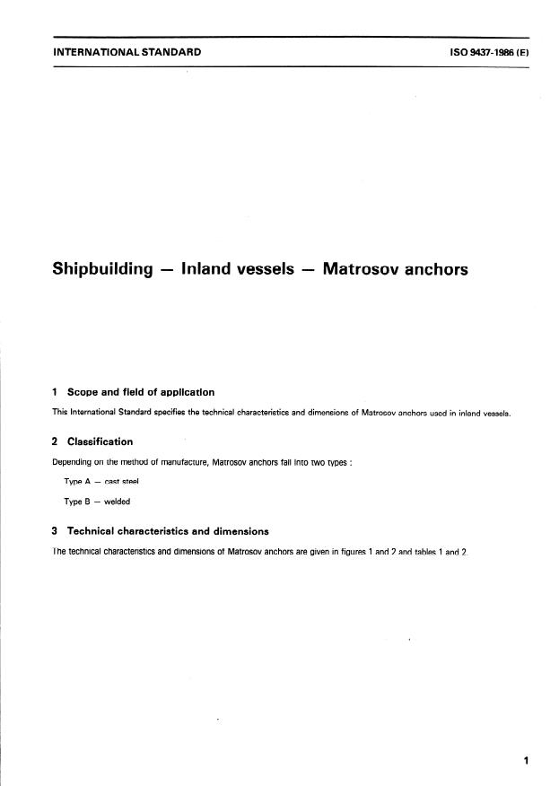 ISO 9437:1986 - Shipbuilding -- Inland vessels -- Matrosov anchors
