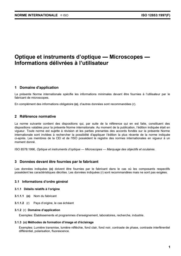 ISO 12853:1997 - Optique et instruments d'optique -- Microscopes -- Informations délivrées a l'utilisateur