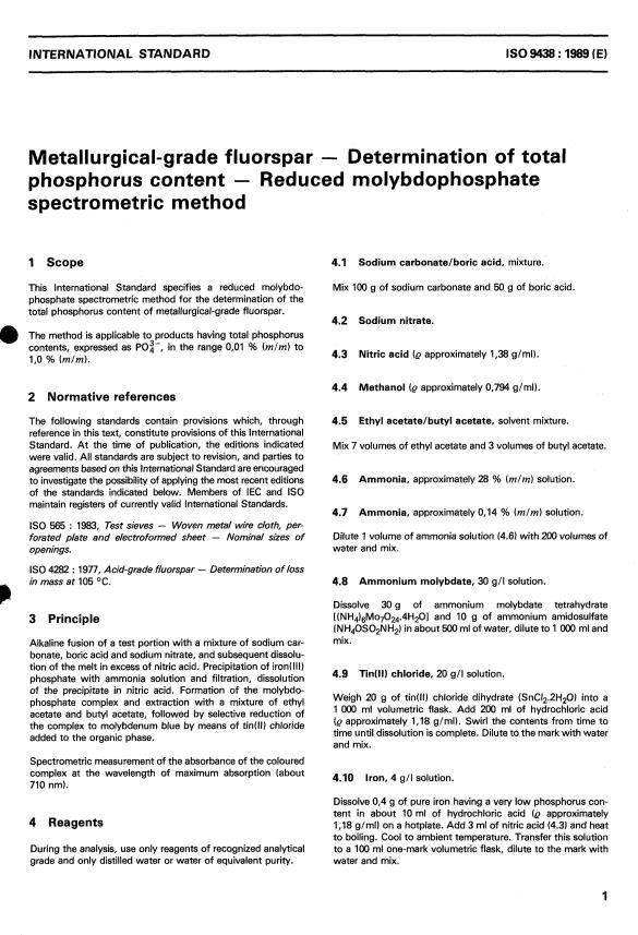 ISO 9438:1989 - Metallurgical-grade fluorspar -- Determination of total phosphorus content -- Reduced molybdophosphate spectrometric method