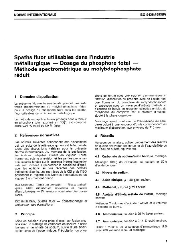 ISO 9438:1993 - Spaths fluor utilisables dans l'industrie métallurgique -- Dosage du phosphore total -- Méthode spectrométrique au molybdophosphate réduit