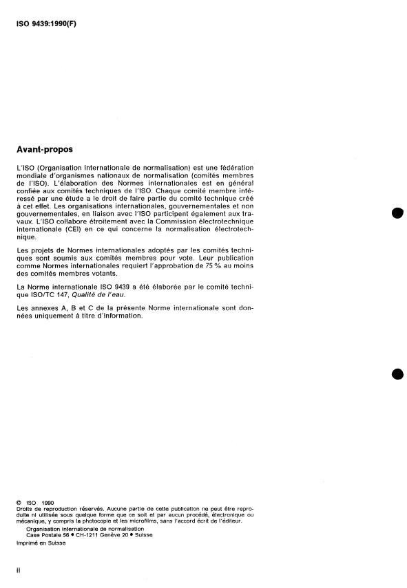 ISO 9439:1990 ISO 9439:1990 - Qualité de l'eau -- Évaluation, en milieu aqueux, de la biodégradabilité aérobie "ultime" des composés organiques -- Méthode par dosage du dioxyde de carbone dégagé - Page 2 preview