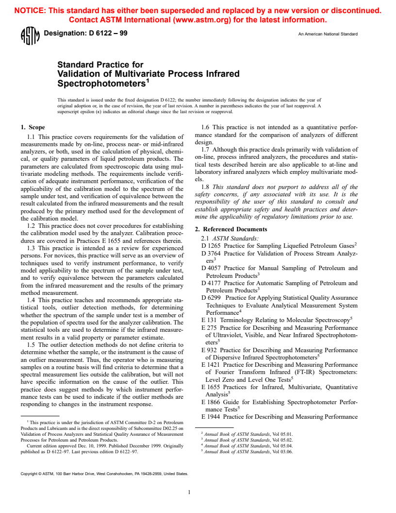 ASTM D6122-99 - Standard Practice for Validation of Multivariate Process Infrared Spectrophotometers