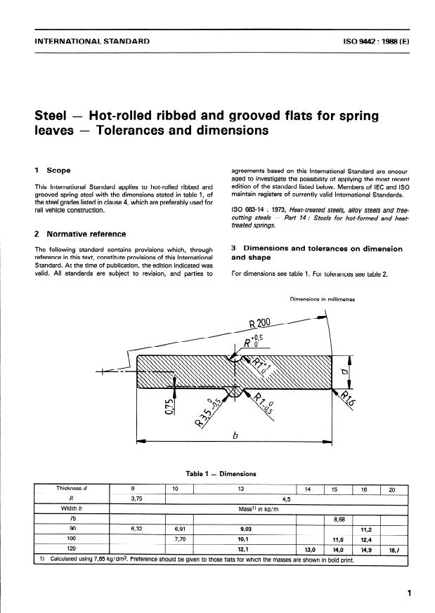 ISO 9442:1988 - Steel -- Hot-rolled ribbed and grooved flats for spring leaves -- Tolerances and dimensions