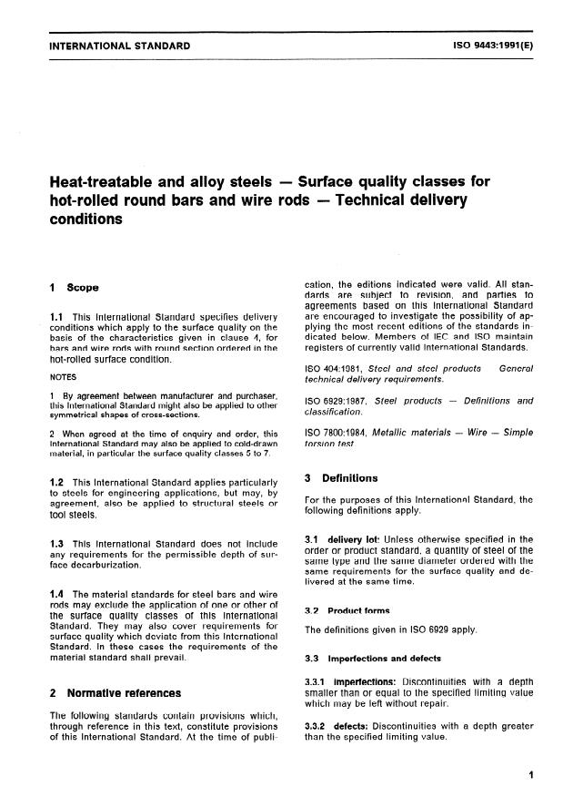ISO 9443:1991 - Heat-treatable and alloy steels -- Surface quality classes for hot-rolled round bars and wire rods -- Technical delivery conditions