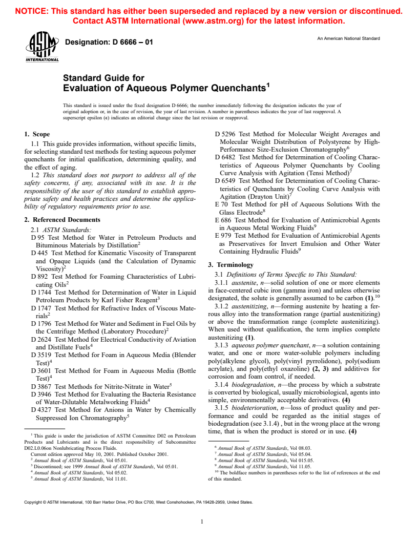 ASTM D6666-01 - Standard Guide for Evaluation of Aqueous Polymer Quenchants