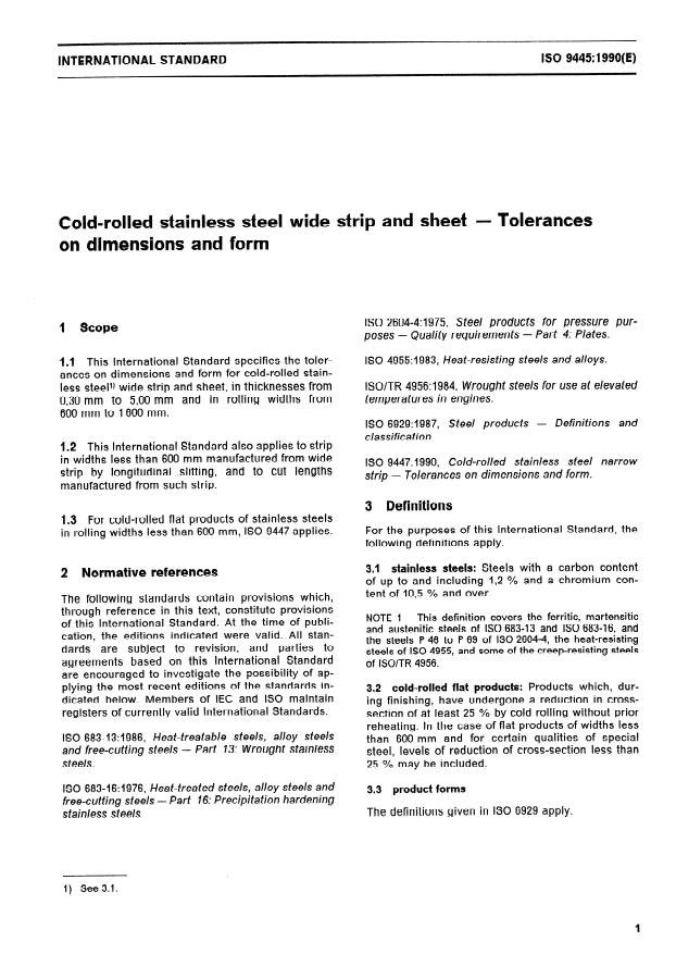 ISO 9445:1990 - Cold-rolled stainless steel wide strip and sheet -- Tolerances on dimensions and form