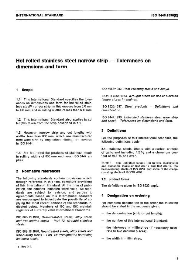 ISO 9446:1990 - Hot-rolled stainless steel narrow strip -- Tolerances on dimensions and form
