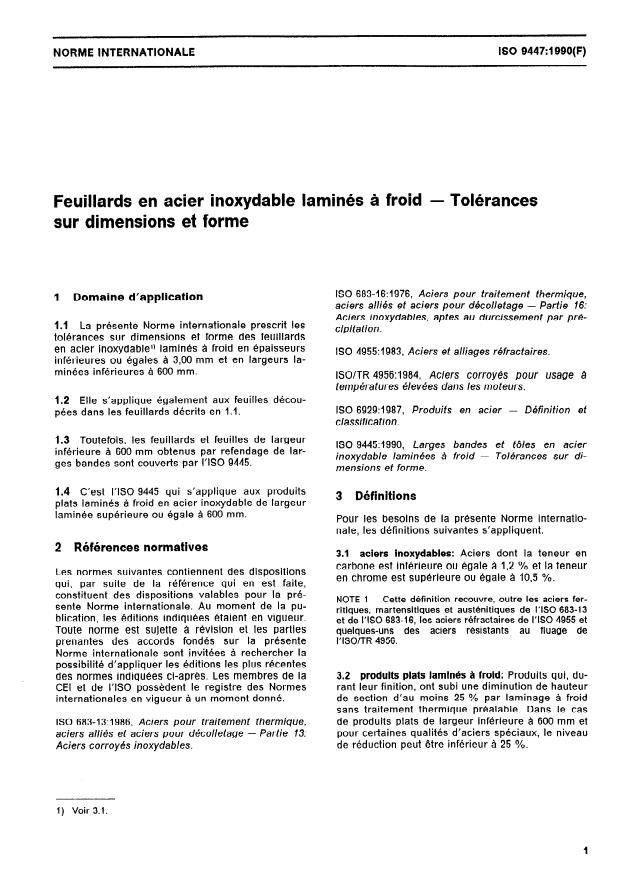 ISO 9447:1990 - Feuillards en acier inoxydable laminés a froid -- Tolérances sur dimensions et forme