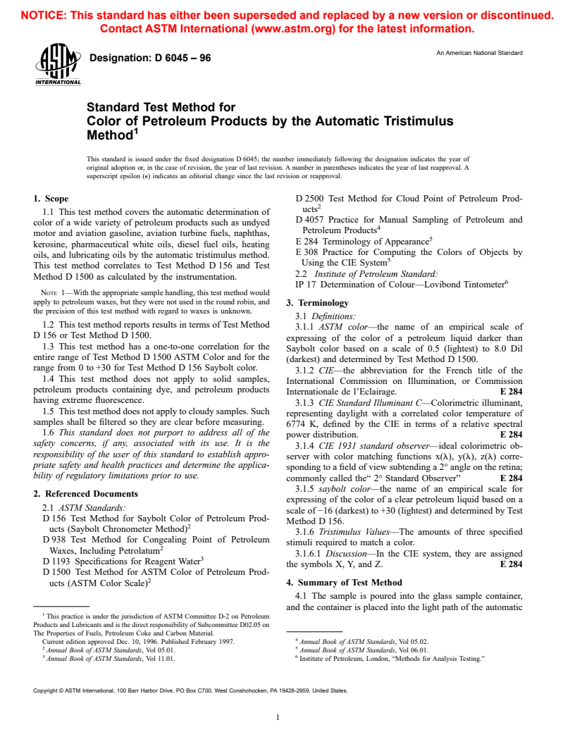 ASTM D6045-96 - Standard Test Method for Color of Petroleum Products by the Automatic Tristimulus Method