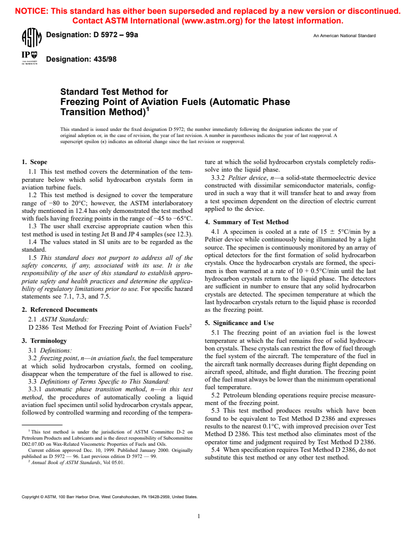 ASTM D5972-99a - Standard Test Method for Freezing Point of Aviation Fuels (Automatic Phase Transition Method)