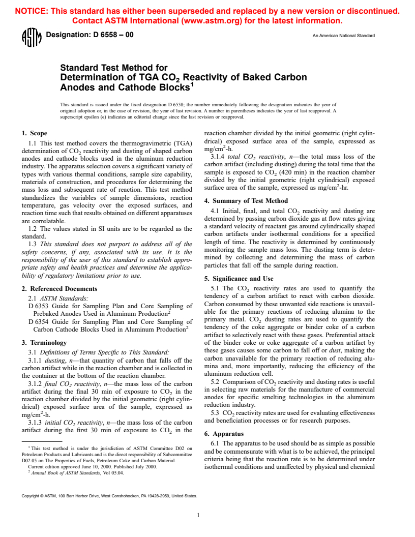 ASTM D6558-00 - Standard Test Method for Determination of TGA CO<sub>2</sub> Reactivity of Baked Carbon Anodes and Cathode Blocks