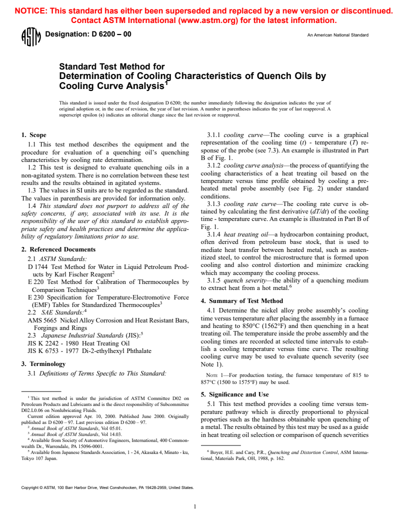 ASTM D6200-00 - Standard Test Method for Determination of Cooling Characteristics of Quench Oils by Cooling Curve Analysis