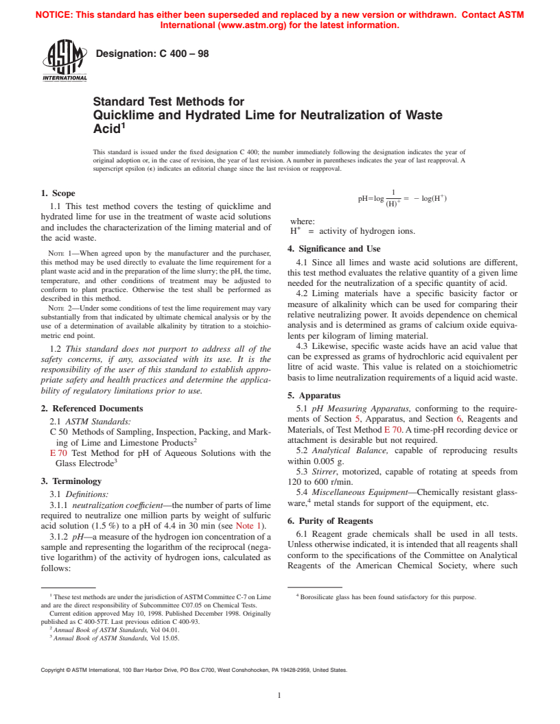 ASTM C400-98 - Standard Test Methods for Quicklime and Hydrated Lime for Neutralization of Waste Acid