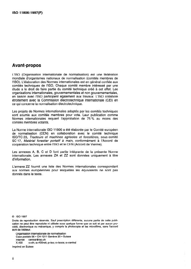 ISO 11806:1997 ISO 11806:1997 - Matériel agricole et forestier -- Débroussailleuses et coupe-herbe portatifs a moteur thermique -- Sécurité - Page 2 preview