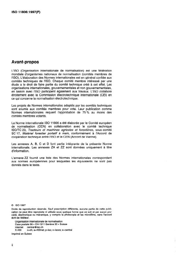 ISO 11806:1997 ISO 11806:1997 - Matériel agricole et forestier -- Débroussailleuses et coupe-herbe portatifs a moteur thermique -- Sécurité - Page 2 preview