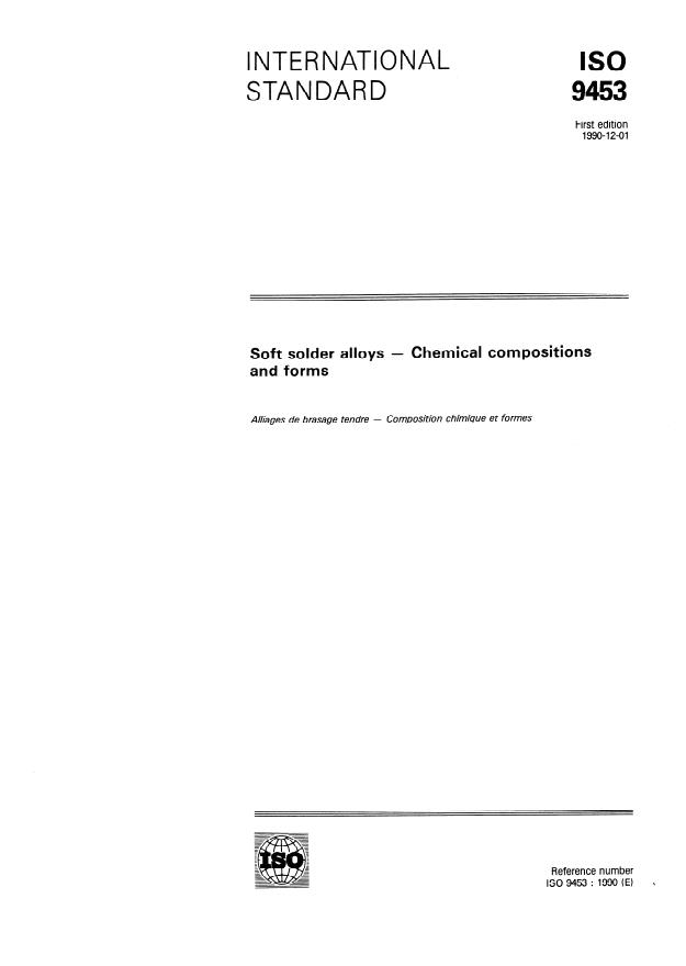 ISO 9453:1990 - Soft solder alloys -- Chemical compositions and forms