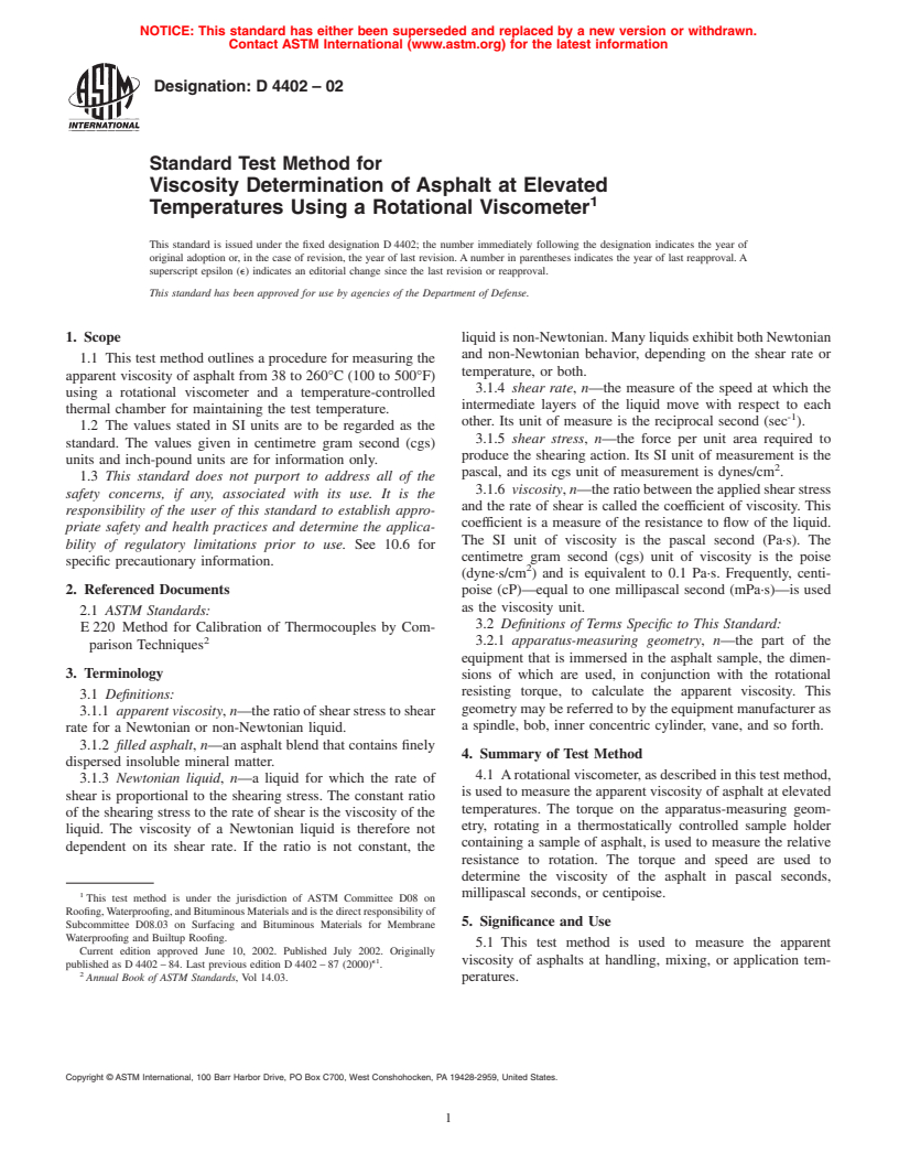 ASTM D4402-02 - Standard Test Method for Viscosity Determination of Asphalt at Elevated Temperatures Using a Rotational Viscometer
