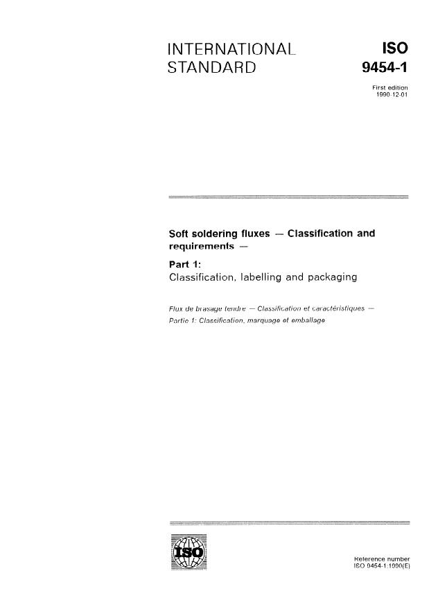 ISO 9454-1:1990 - Soft soldering fluxes -- Classification and requirements