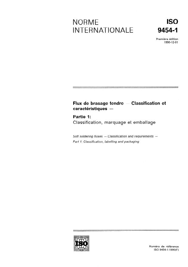 ISO 9454-1:1990 - Flux de brasage tendre -- Classification et caractéristiques