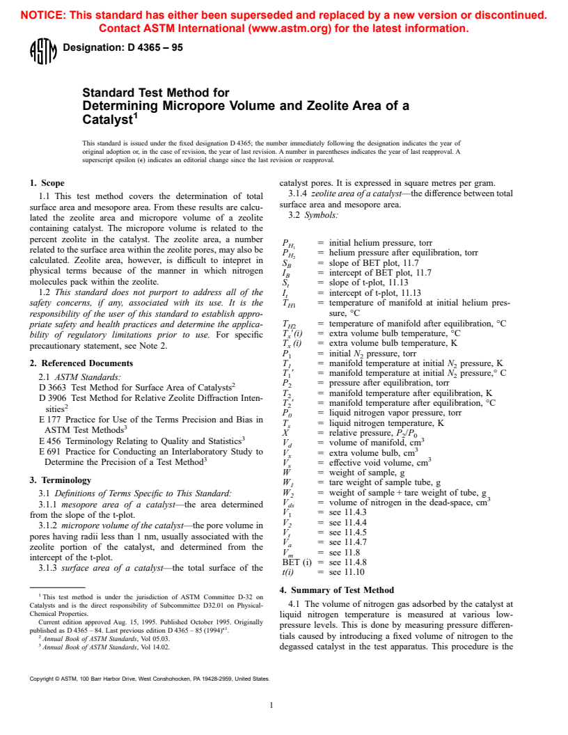 ASTM D4365-95 - Standard Test Method for Determining Micropore Volume and Zeolite Area of a Catalyst