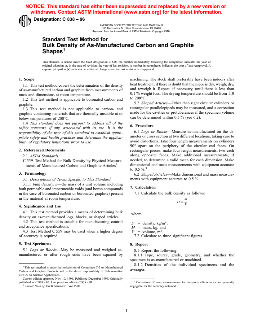 ASTM C838-96 - Standard Test Method for Bulk Density of As-Manufactured Carbon and Graphite Shapes