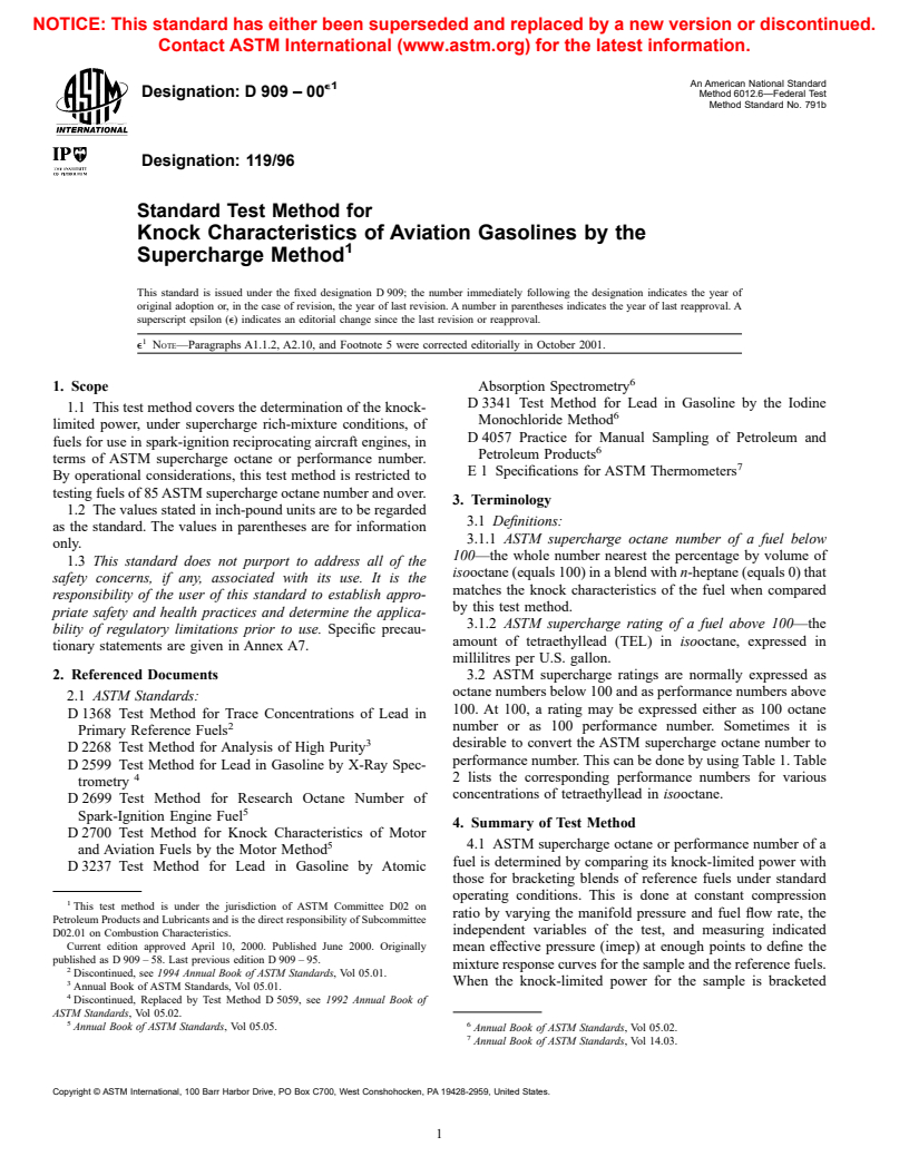 ASTM D909-00e1 - Standard Test Method for Knock Characteristics of Aviation Gasolines by the Supercharge Method