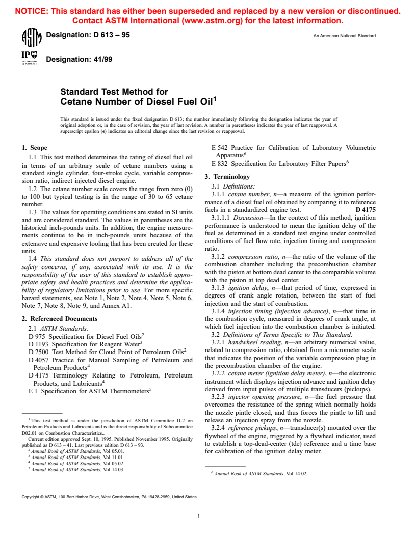 ASTM D613-95 - Standard Test Method for Cetane Number of Diesel Fuel Oil