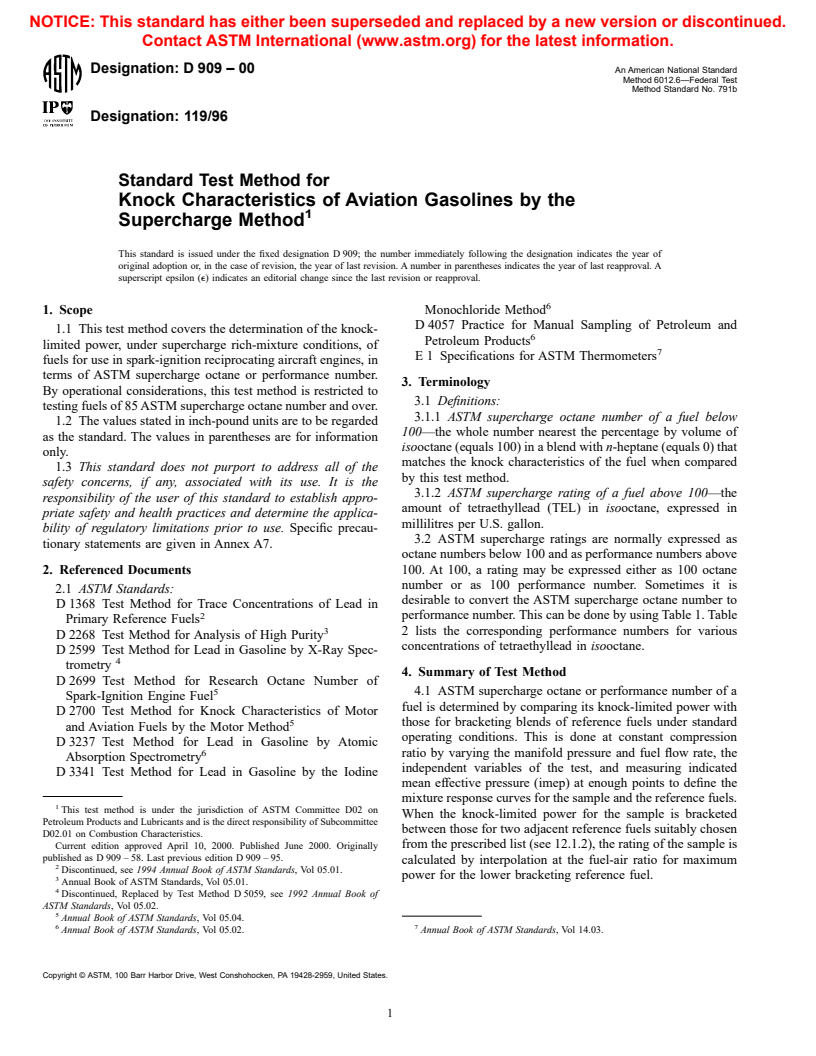 ASTM D909-00 - Standard Test Method for Knock Characteristics of Aviation Gasolines by the Supercharge Method