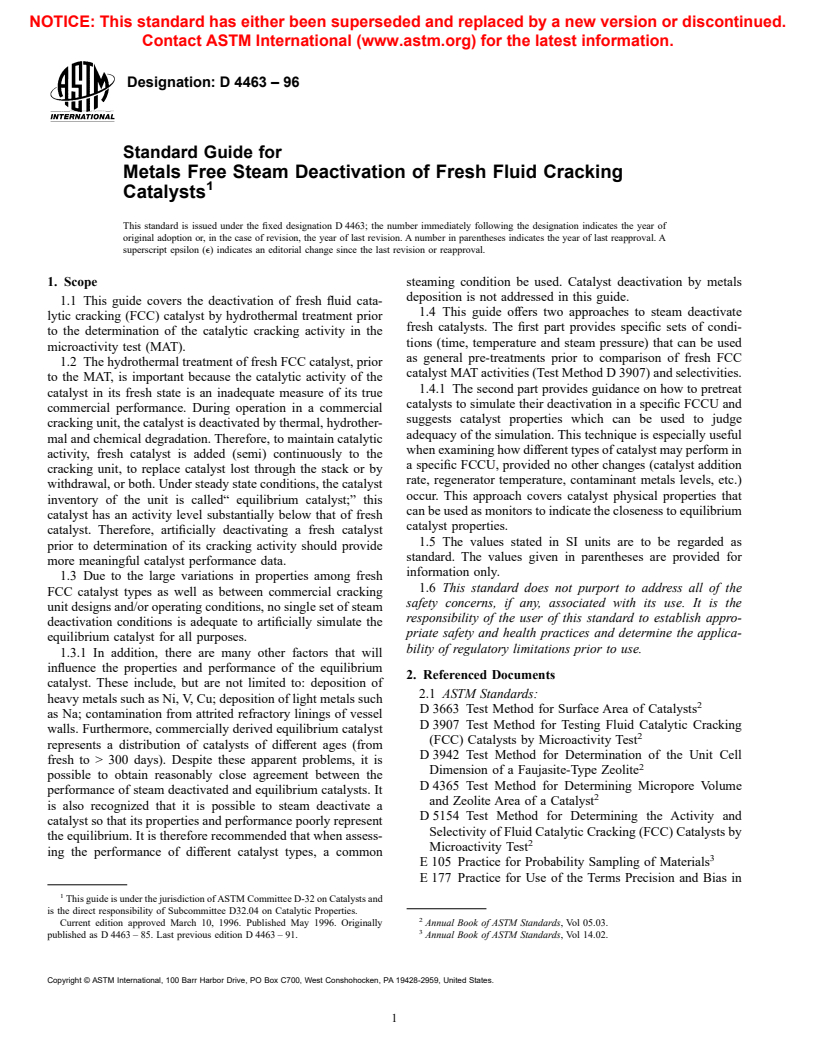 ASTM D4463-96 - Standard Guide for Metals Free Steam Deactivation of Fresh Fluid Cracking Catalysts