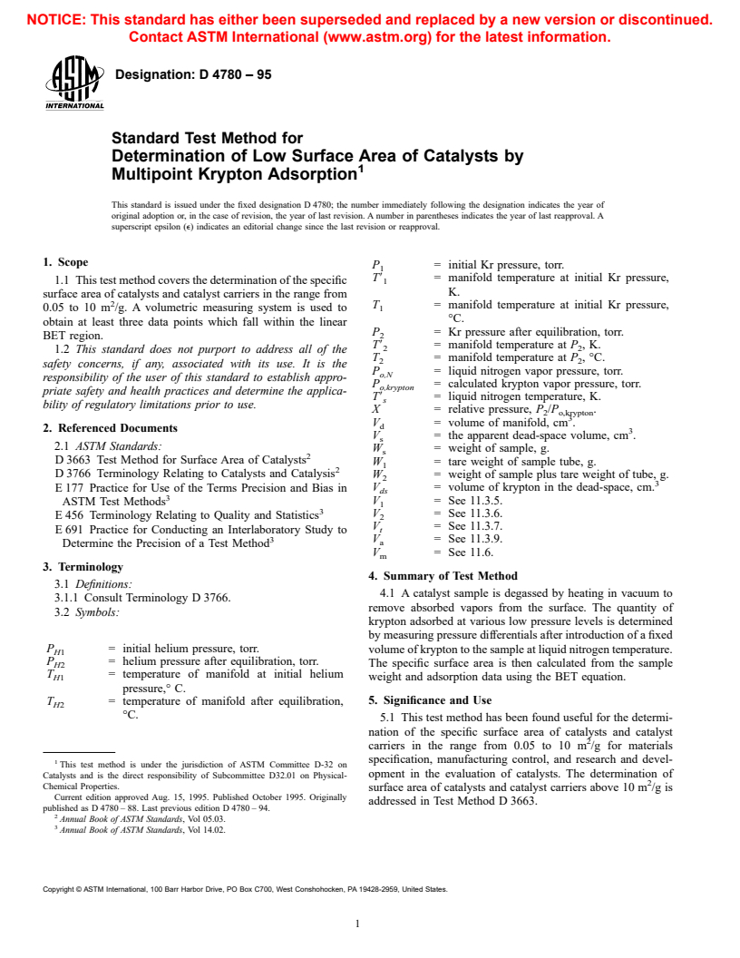 ASTM D4780-95 - Standard Test Method for Determination of Low Surface Area of Catalysts by Multipoint Krypton Adsorption